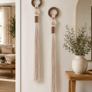 45" Long Boho Wall Hanging Decor, Handmade Macrame Wall Hanging, Neutral Fiber Wall Art, Modern Farmhouse Decor, Tassel Wall Hanging