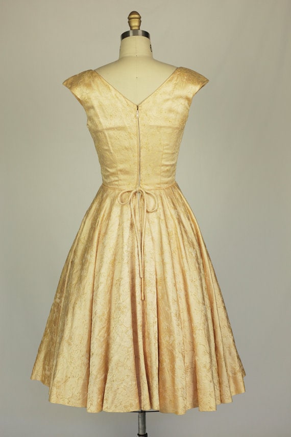 1950s champagne gold embroidered satin dress - image 8