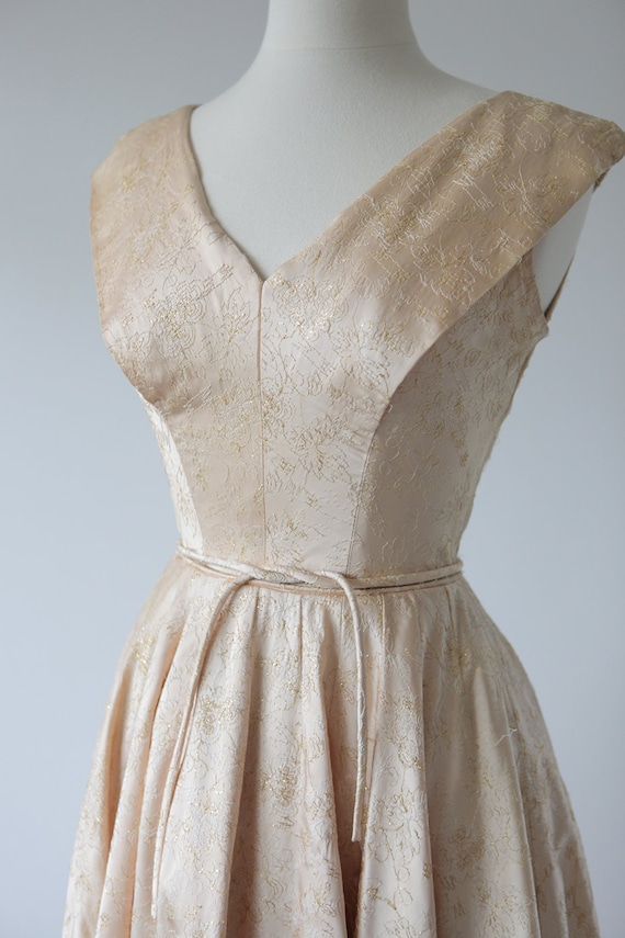 1950s champagne gold embroidered satin dress - image 4