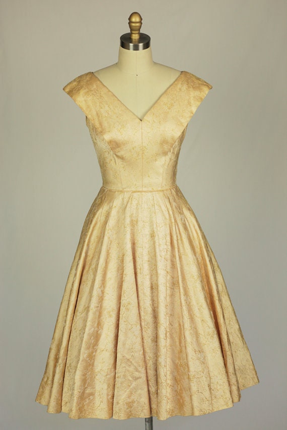 1950s champagne gold embroidered satin dress