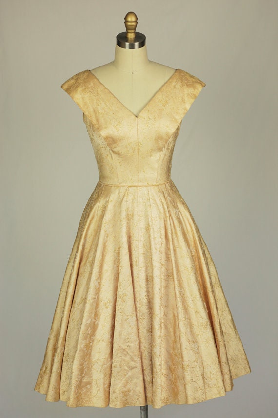 1950s champagne gold embroidered satin dress - image 1