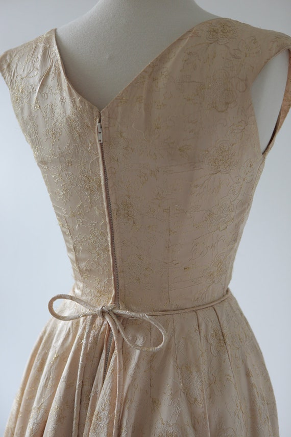 1950s champagne gold embroidered satin dress - image 5