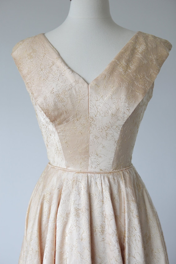 1950s champagne gold embroidered satin dress - image 2