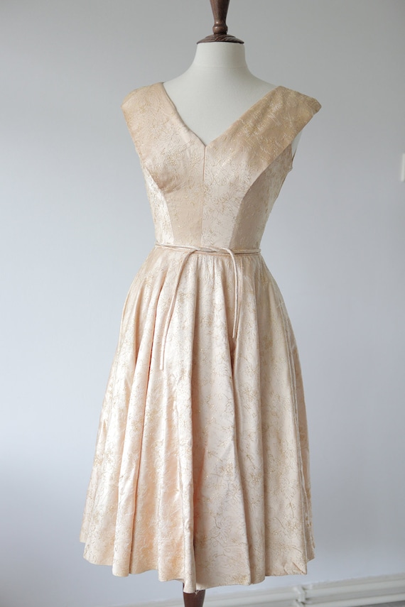 1950s champagne gold embroidered satin dress - image 3