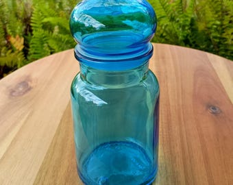 Belgium Glass Apothecary Jar - Bubble Top - Aqua Turquoise Blue - Vintage 1970s