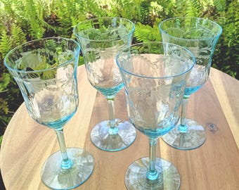 Morgantown Aqua Blue Depression Glass Stemware Wine Glasses Etched Vintage