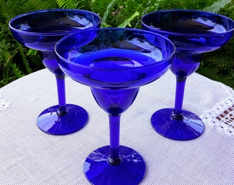 Vintage Cobalt Blue Margarita Glasses Set of 3 Colorful Glassware Retro Barware Cocktail