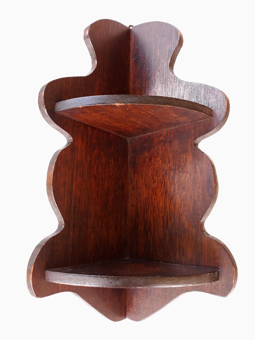 Vintage Solid Wood Corner Wall Shelf Hand Crafted Dark Stain Crystal