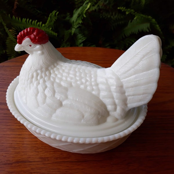 Milk Glass Hen on Nest HON Basket Westmoreland Red Comb and Eye Vintage 1960s Home Farmhouse Kitchen Chicken Decor