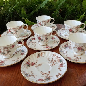 Minton Ancestral Demitasse Footed Cup and Saucer Set 13 pcs. Vintage English Bone China Gold Rim