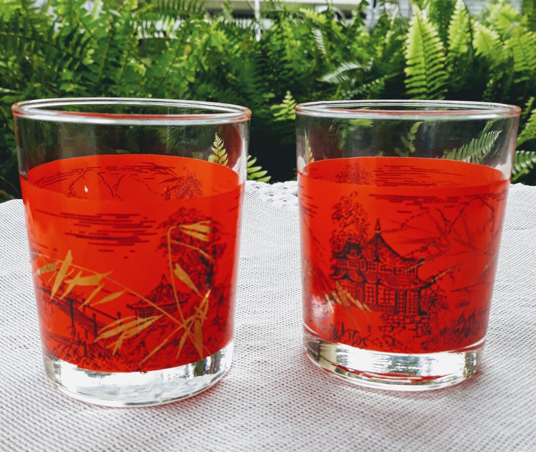Vintage Cocktail Glasses Set of 2 Red Gold Asian Motif Graphic Retro Barware Colorful Glassware