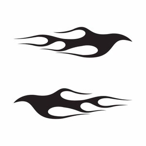 May include: Two black flame designs, one above the other, with a pointed tip and rounded edges.