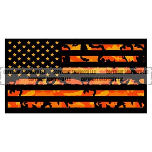 May include: An American flag with a camouflage pattern in orange and black. The stars are yellow.