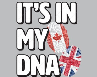 Pode incluir: Texto branco em fundo cinza que diz "It's in my DNA".  É mostrada uma impressão digital com a bandeira canadense e uma impressão digital com a bandeira britânica.