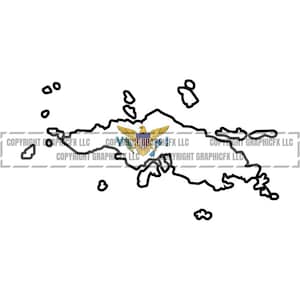 May include: A black and white outline of the Virgin Islands with the Virgin Islands flag in the center of the main island.