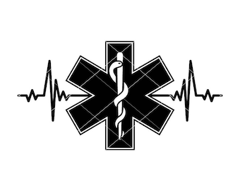 May include: Black and white graphic of a medical symbol, the Star of Life, with a snake wrapped around a staff, and a heartbeat line on either side.