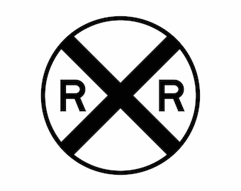 May include: A black and white railway crossing sign with the letters "RR" in the centre.