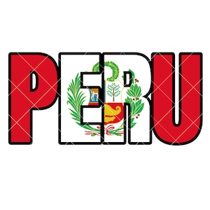 May include: The word "PERU" in red letters with a black outline. The "E" is replaced with the coat of arms of Peru, which features a white background with a red shield, a llama, a tree, and green laurel branches.