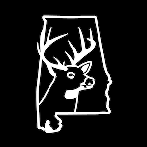 May include: A white silhouette of a deer with antlers inside the outline of the state of Alabama.