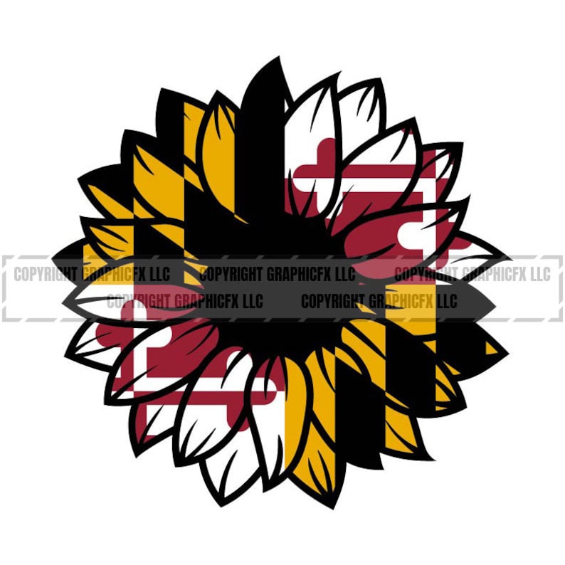 Pu&ograve; includere: Un design a forma di girasole con i colori della bandiera dello stato del Maryland. Il girasole &egrave; composto dalle strisce nere e dorate e dallo stemma rosso e bianco della bandiera del Maryland.