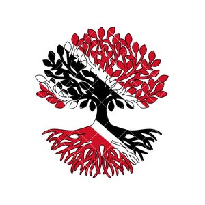 Op de afbeelding: Een gestileerde boom met zwarte en witte takken en rode en witte wortels. De boom is ontworpen om te lijken op de vlag van Trinidad en Tobago.