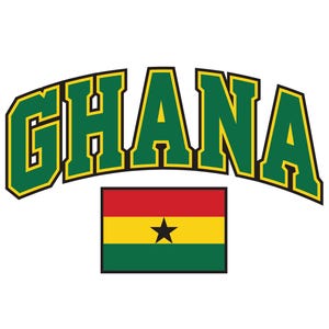 May include: A graphic featuring the word "GHANA" in green, outlined in yellow, arched above a rectangular flag. The flag of Ghana has horizontal stripes of red, yellow, and green, with a black star in the center.