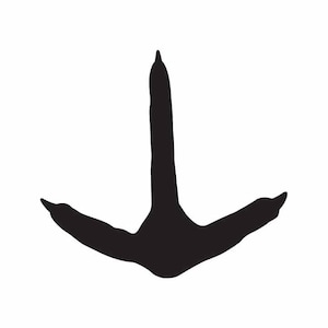 May include: Black silhouette of a bird's footprint. The footprint has three toes, with the middle toe being the longest.