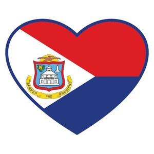 May include: A heart-shaped flag of Sint Maarten, featuring a blue, white, and red design. The flag includes the coat of arms, which depicts a white building with a yellow roof, a yellow bird, and the words "Semper Pro Grediens".