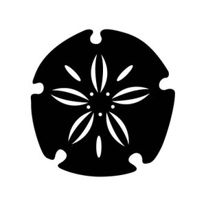 May include: A black and white silhouette of a sand dollar with a five-pointed star design in the center.