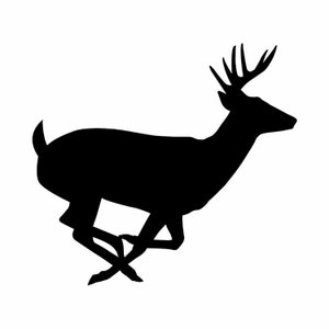 May include: Silhouette of a black deer with antlers running to the right.
