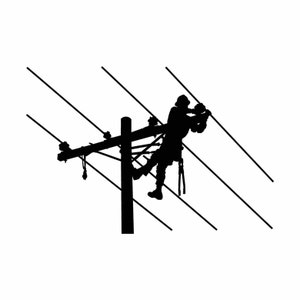 May include: Silhouette of a worker climbing a utility pole and working on power lines.