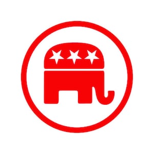 Puede incluir: Círculo rojo con una silueta de elefante rojo en su interior. El elefante tiene cinco estrellas blancas en la cabeza.