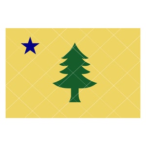 May include: A yellow flag with a green pine tree and a blue star in the upper left corner.