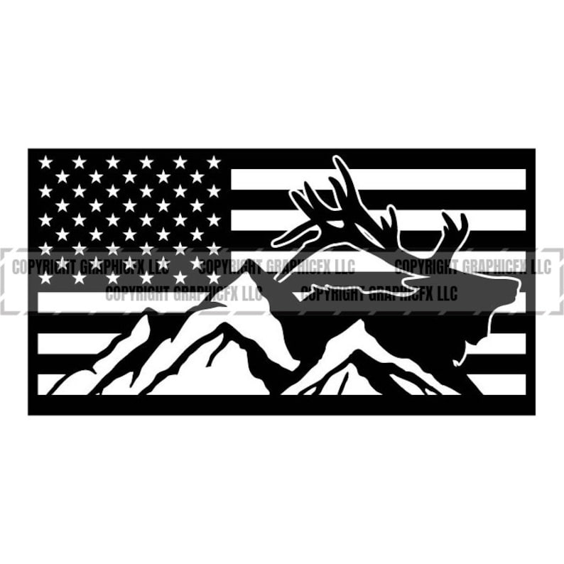 May include: Black and white graphic featuring an American flag design with a mountain range and a silhouette of a deer. The flag's stars and stripes are visible, with the deer and mountains integrated into the design.