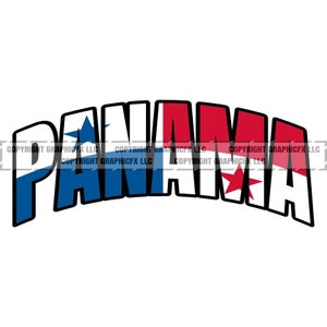 Op de afbeelding: Een grafisch ontwerp van het woord "PANAMA" in een vet, zwart lettertype. De letters zijn gevuld met de kleuren van de Panamese vlag: rood, wit en blauw. Een witte ster bevindt zich in het blauwe deel van de "P" en een rode ster in het witte deel van de "A".
