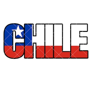 May include: The word "CHILE" is written in bold black letters with a red, white, and blue background, resembling the Chilean flag.