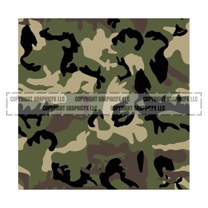 May include: A camouflage pattern with shades of green, brown, and black. The pattern is made up of irregular shapes and lines.
