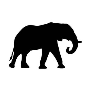 May include: Silhouette of an elephant walking to the right, with its trunk curled up.