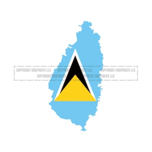 May include: A blue outline of the island of Saint Lucia with the country's flag in the center. The flag is a black triangle with a yellow triangle inside, on a blue background.