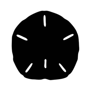 May include: Black and white silhouette of a sand dollar with five points.