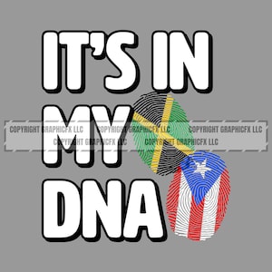 Puede incluir: Gráfico de "It's in my DNA" con un diseño de huella digital que presenta las banderas de Jamaica y Puerto Rico.