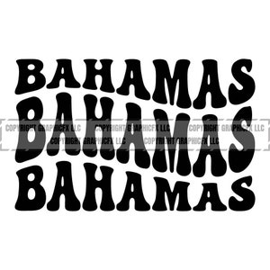 Può includere: Grafica in bianco e nero con la parola "Bahamas" ripetuta quattro volte in uno stile di font retrò.
