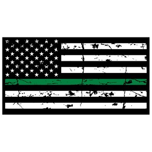 May include: Distressed design of the American flag with a green line. The flag has black and white stripes and stars, with a green stripe replacing one of the white stripes. The design has a worn, vintage appearance.