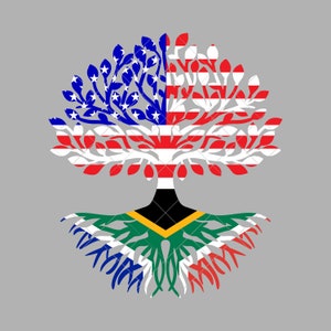 Op de afbeelding: Een gestileerde boom met de Amerikaanse vlag als bladeren en de Zuid-Afrikaanse vlag als wortels.