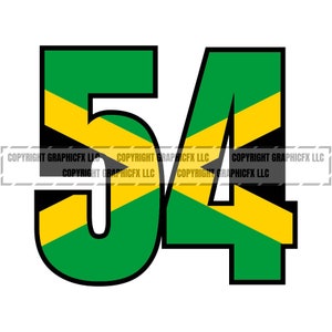 May include: The number 54 with the Jamaican flag colors, green, yellow, and black, in the background.