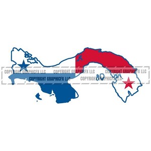 Op de afbeelding: Een omtrek van Panama met de kleuren van de Panamese vlag. Het bovenste deel van de kaart is rood, het midden is wit en de onderkant is blauw. Een witte vijfpuntige ster bevindt zich in de linkerbovenhoek van de kaart, en een rode vijfpuntige ster bevindt zich in de rechterbenedenhoek.