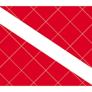 Puede incluir: Una bandera roja con una franja diagonal blanca. El fondo rojo tiene un patrón de diamantes blancos.