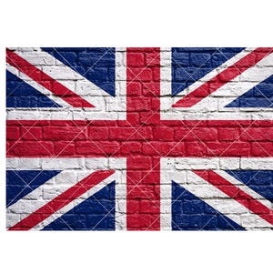 May include: The Union Jack, the national flag of the United Kingdom, is displayed on a brick wall. The flag features a combination of red, white, and blue colors. The brick wall adds a textured background to the flag.