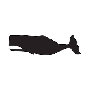 May include: A black silhouette of a sperm whale on a white background. The whale is shown in profile, with its characteristic blunt head, elongated body, and tail flukes. The image has a simple, graphic style.