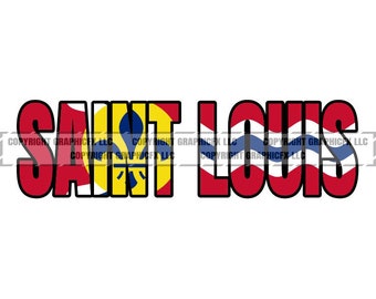 May include: A graphic design featuring the words "SAINT LOUIS" in red, white, and blue, with the letters filled in with the colors of the St. Louis city flag.